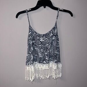 Charlotte Russe blue and white geometric crop top tank top small with lace trim